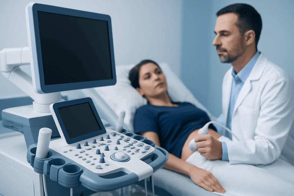 Doctor performing an ultrasound on a patient in a hospital room.