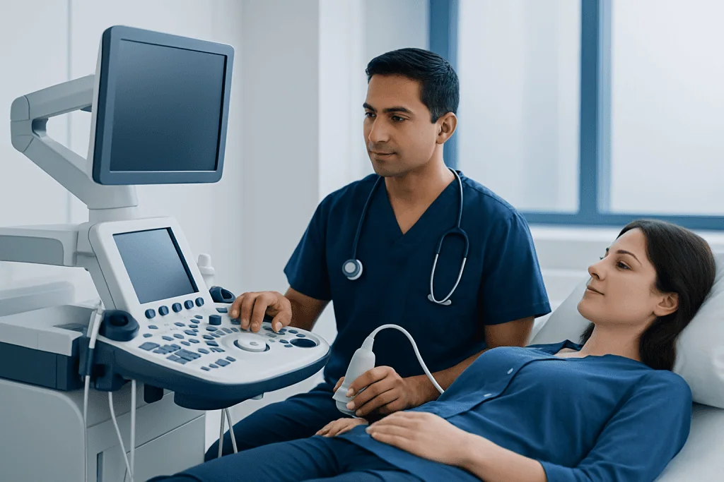 Doctor performing an ultrasound on a patient in a hospital room.