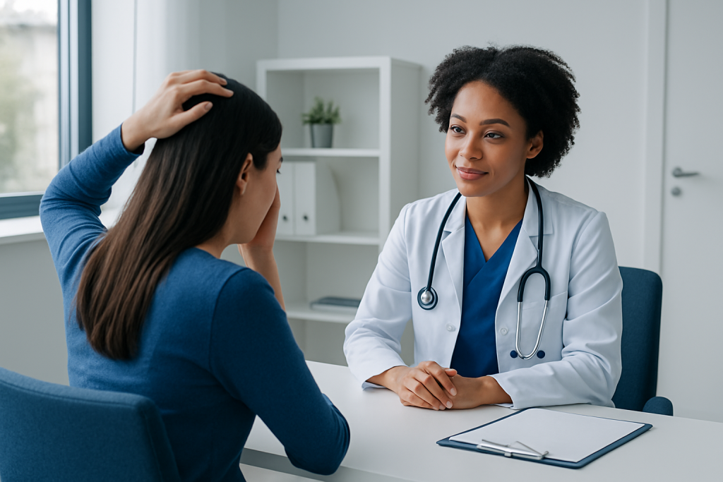 Doctor consulting with a patient about hair lice treatment options.