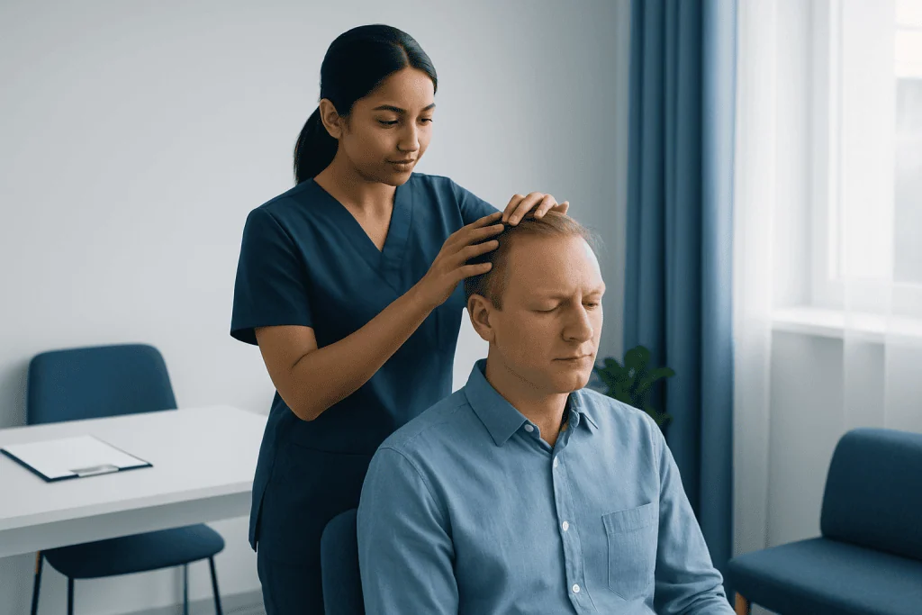 Therapist performing head massage on a patient in a clinical setting.