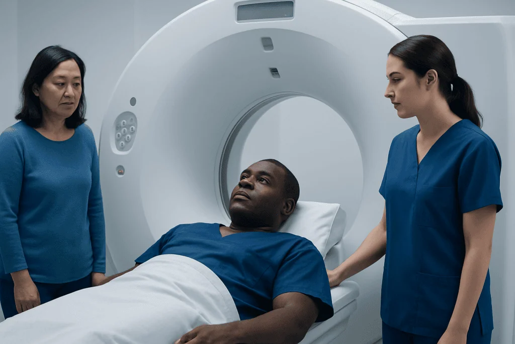 Patient undergoing MRI scan with medical staff at Acibadem Hospitals Group.