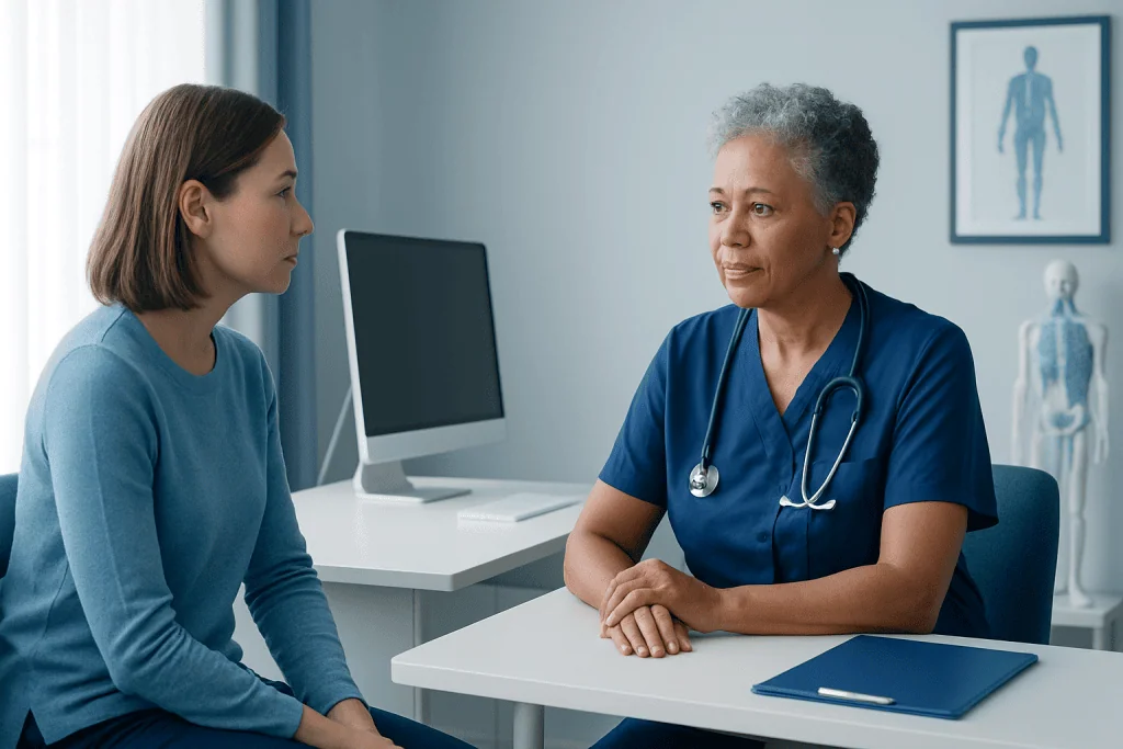 Doctor consulting with a patient in a modern medical office.