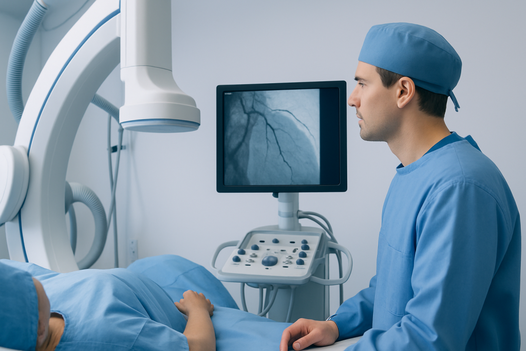 Interventional cardiologist analyzing coronary angiogram on monitor.