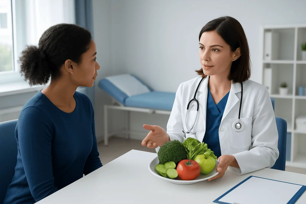 Doctor discussing healthy eating with patient holding vegetables in clinic.