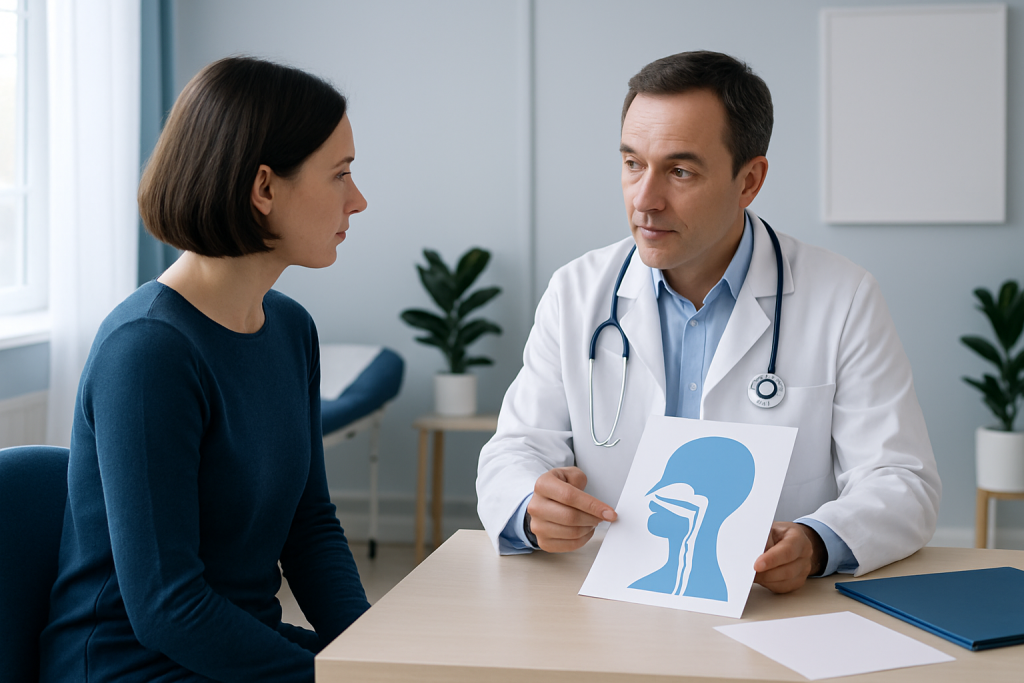 Doctor explaining mucous membrane health to a patient in a clinic setting.
