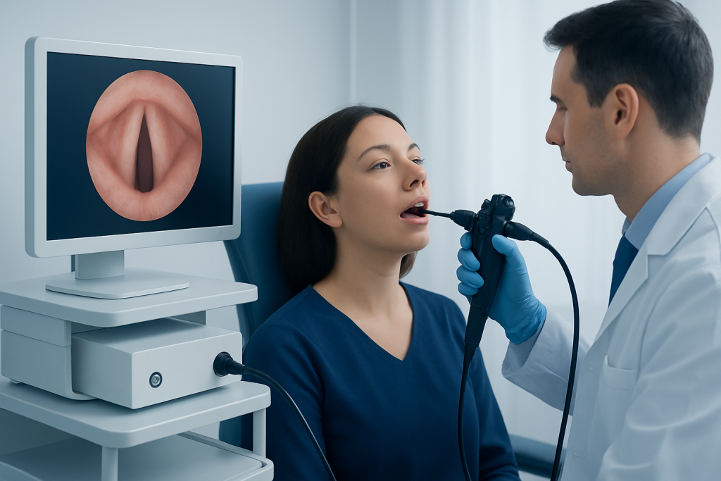 Doctor examining patient's vocal cords with laryngoscope during an ENT consultation.