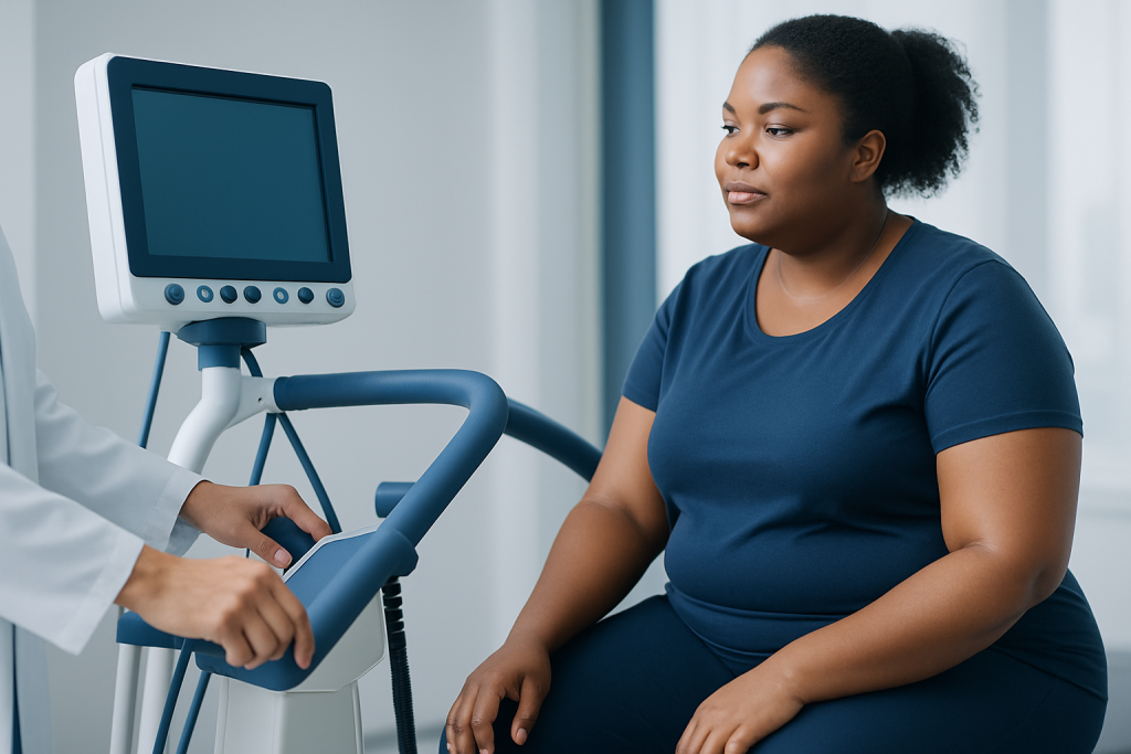 Woman undergoing medical examination with a healthcare professional and equipment.