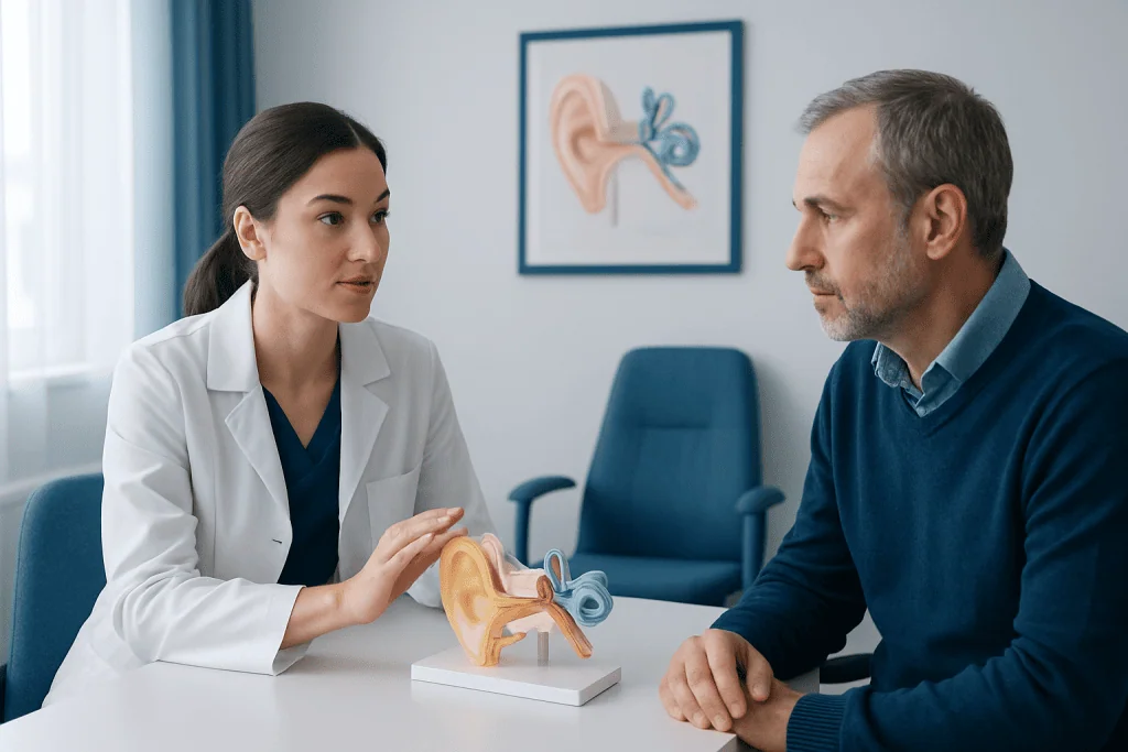 Audiologist explaining ear anatomy to patient with ear model in clinic.