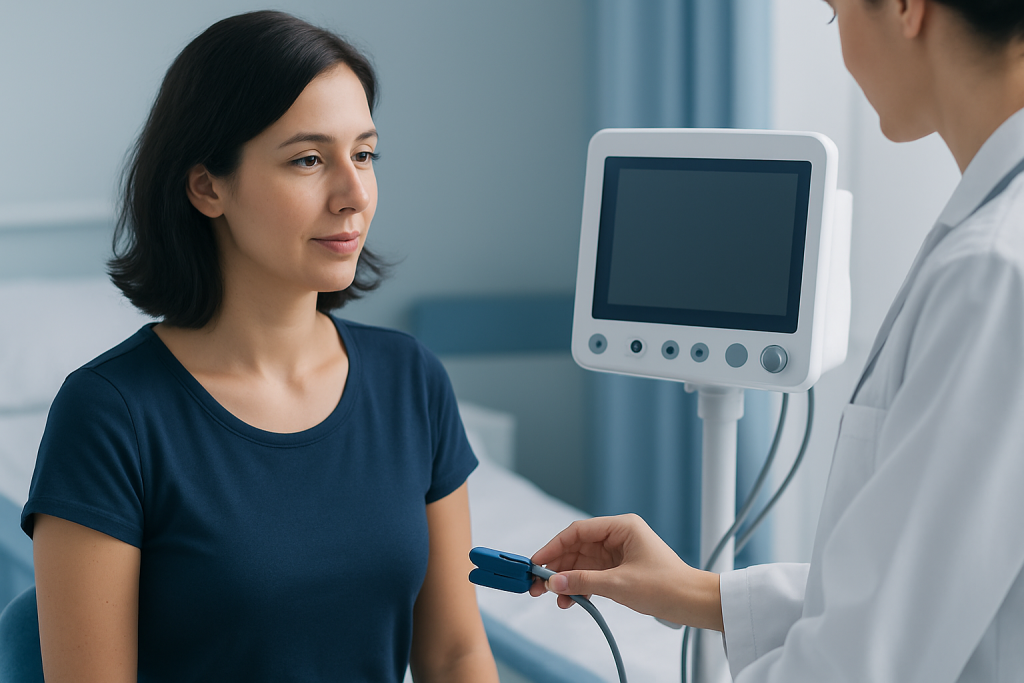 Woman undergoing a heart rate test in a medical clinic.