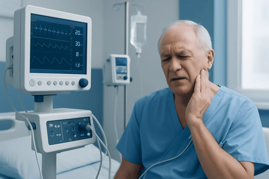 Elderly man experiencing chest pain in hospital room with monitoring equipment.