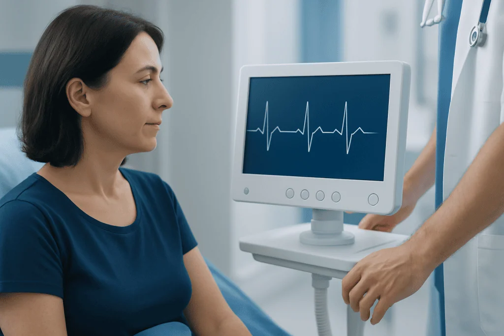 Patient undergoing heart rate monitoring with ECG in hospital setting.