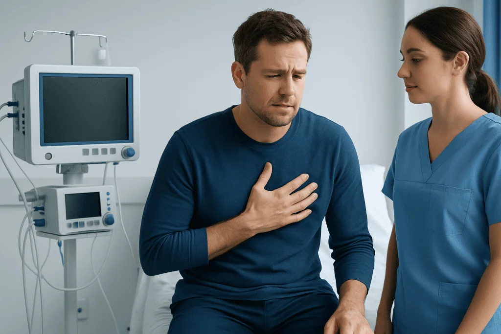 Man experiencing chest pain in a hospital room with a nurse nearby.