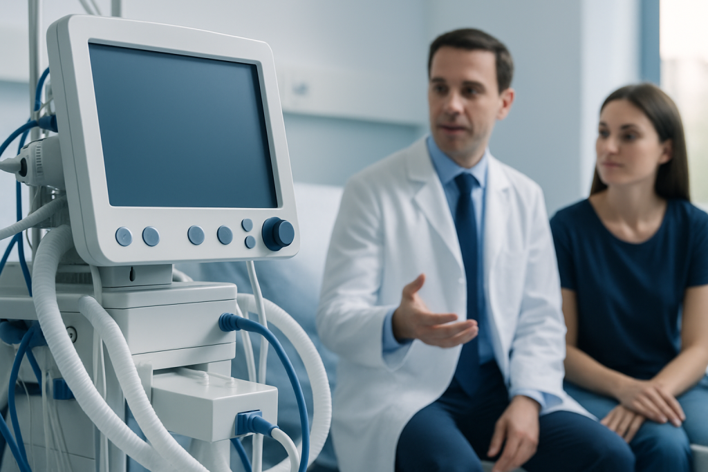 Doctor explaining medical equipment to a patient in a hospital room.
