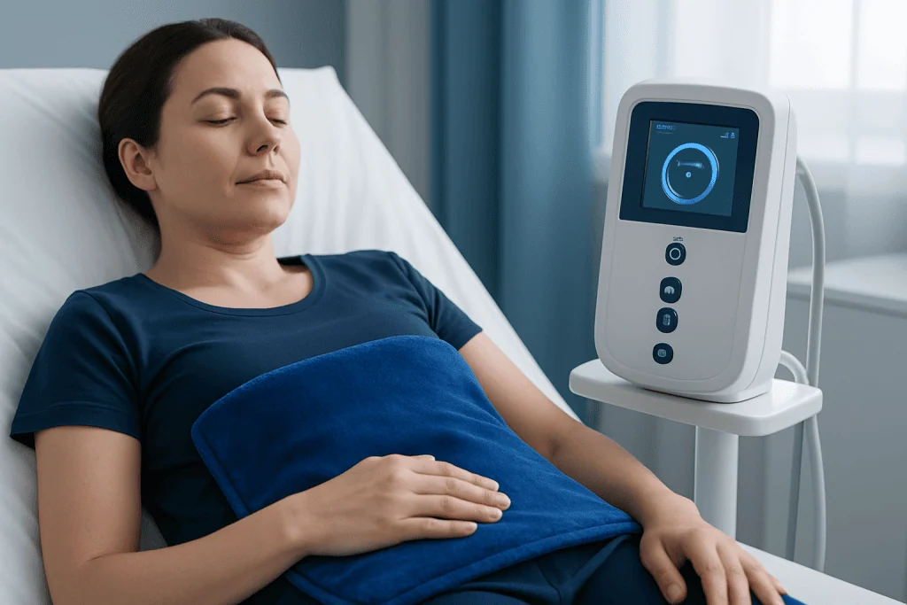 Woman receiving therapeutic treatment with a medical device in a clinical setting.