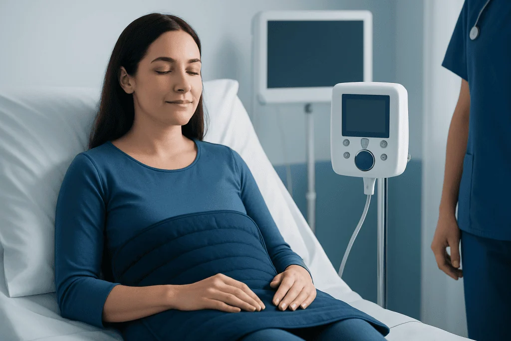 Patient using a heatable pad in a hospital room for medical treatment.