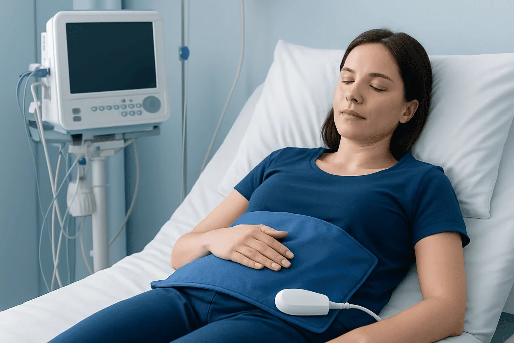Woman in hospital bed with medical device for pain relief or monitoring.