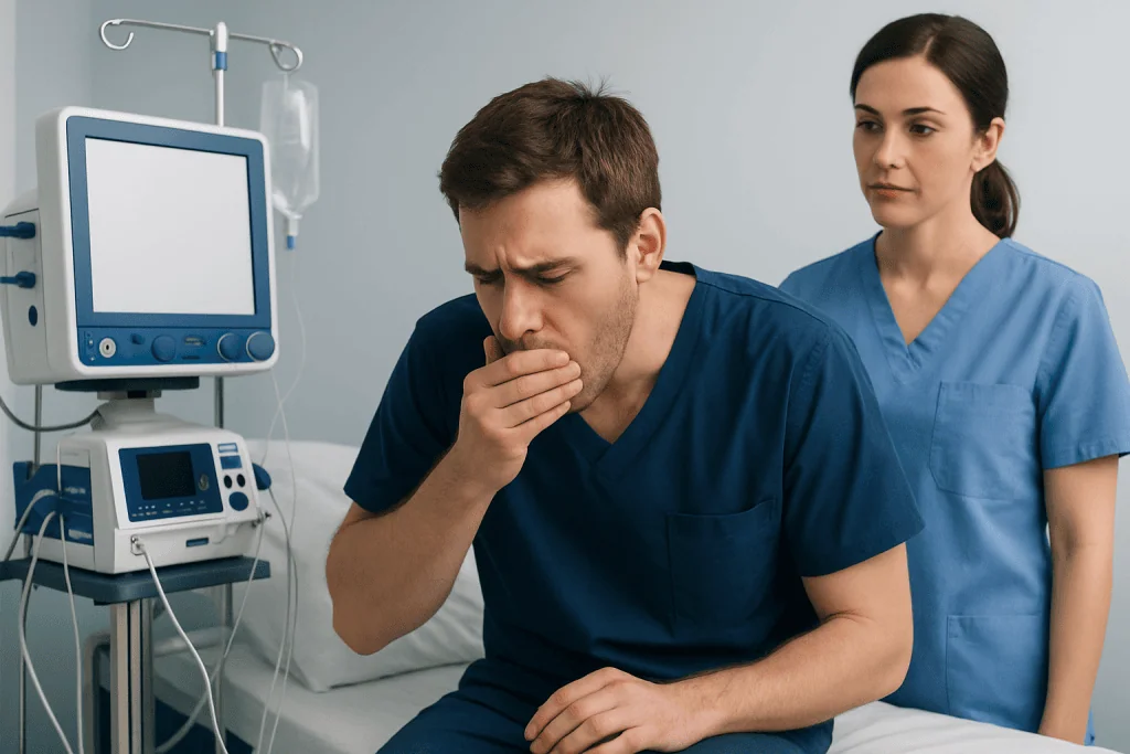 Patient experiencing chest pain in hospital bed with medical staff nearby.
