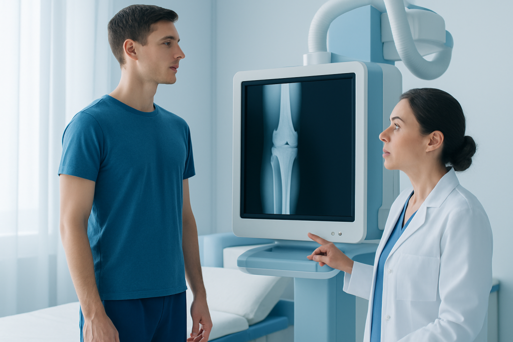 Doctor explaining knee X-ray to young male patient in hospital room.