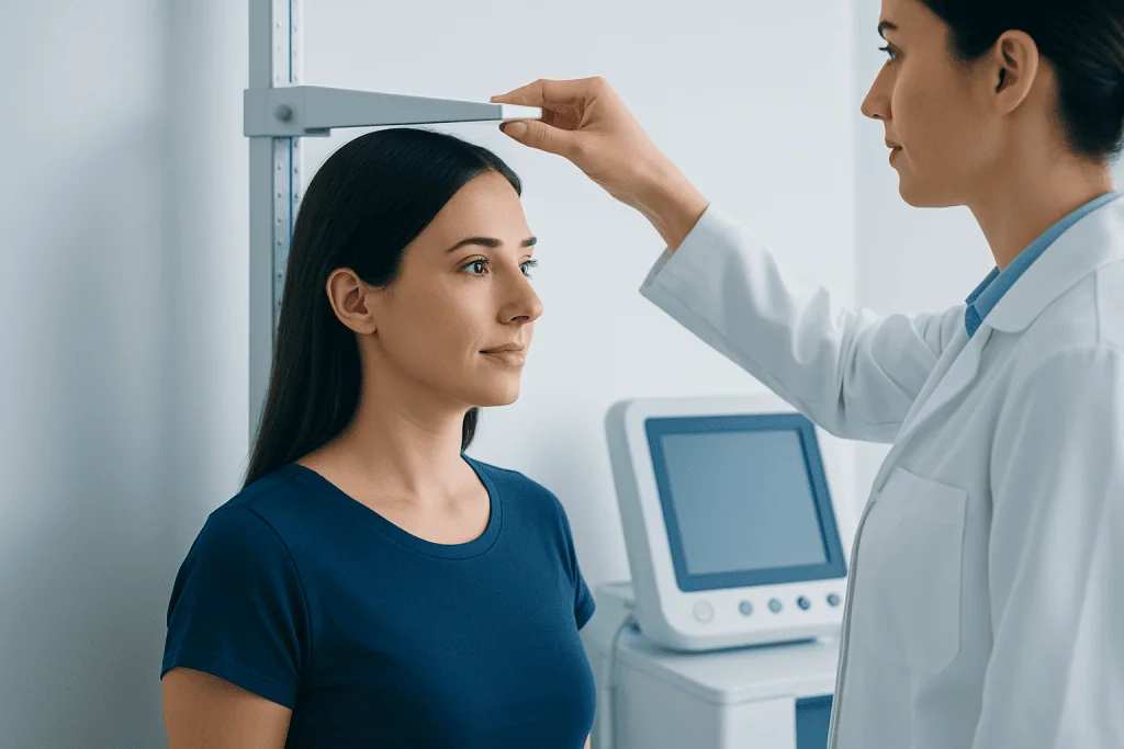 Medical professional measuring woman's height in clinic setting.