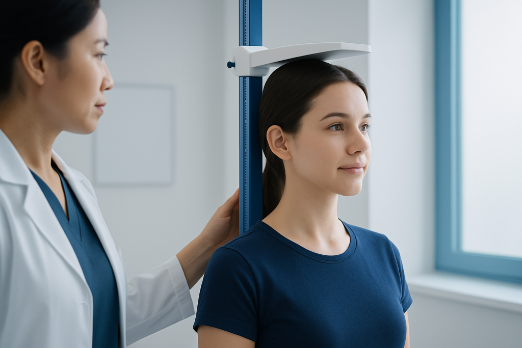 Medical professional measuring a woman's height in a clinical setting.