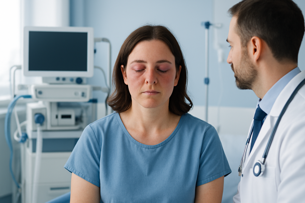 Doctor consulting with a patient in a hospital room.