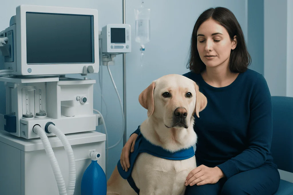 Woman with a service dog in a medical setting at Acibadem Hospitals Group.