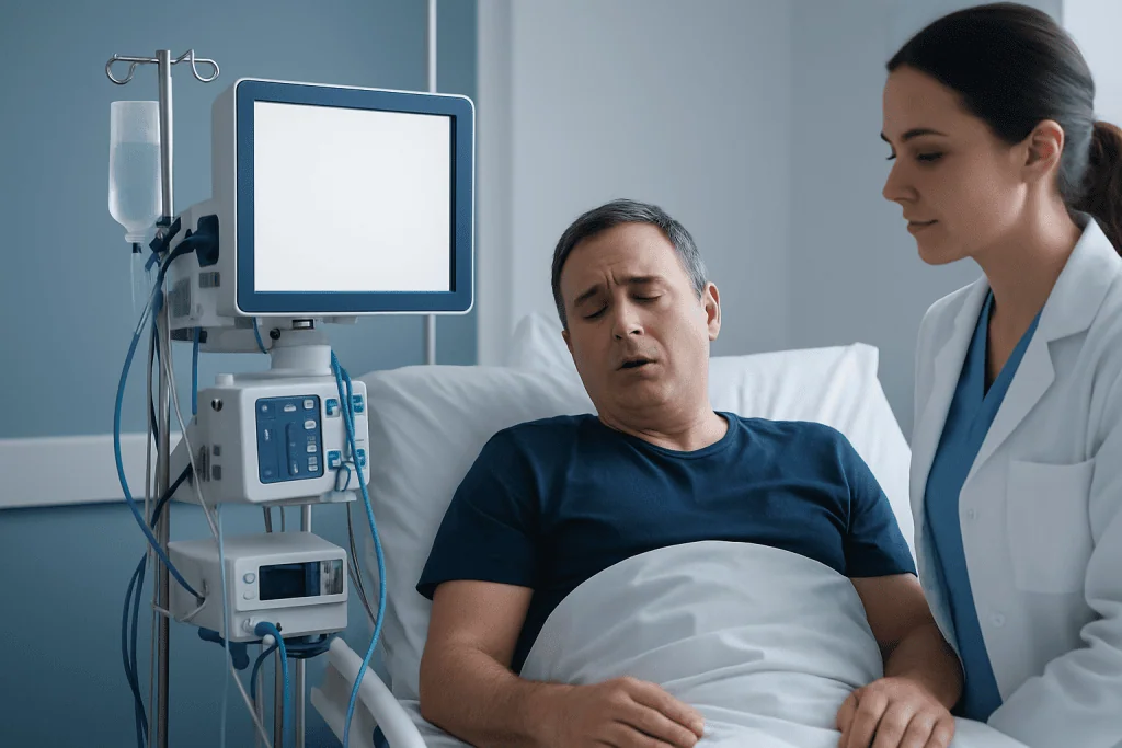 Patient in hospital bed with medical staff and monitoring equipment.
