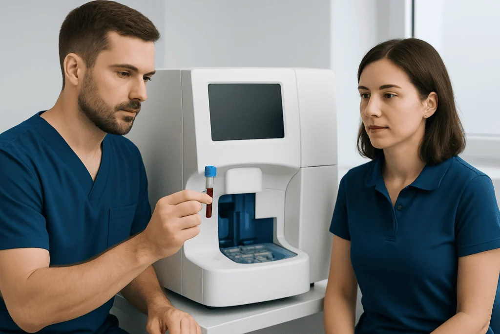 Laboratory technician preparing blood sample for analysis at hospital.