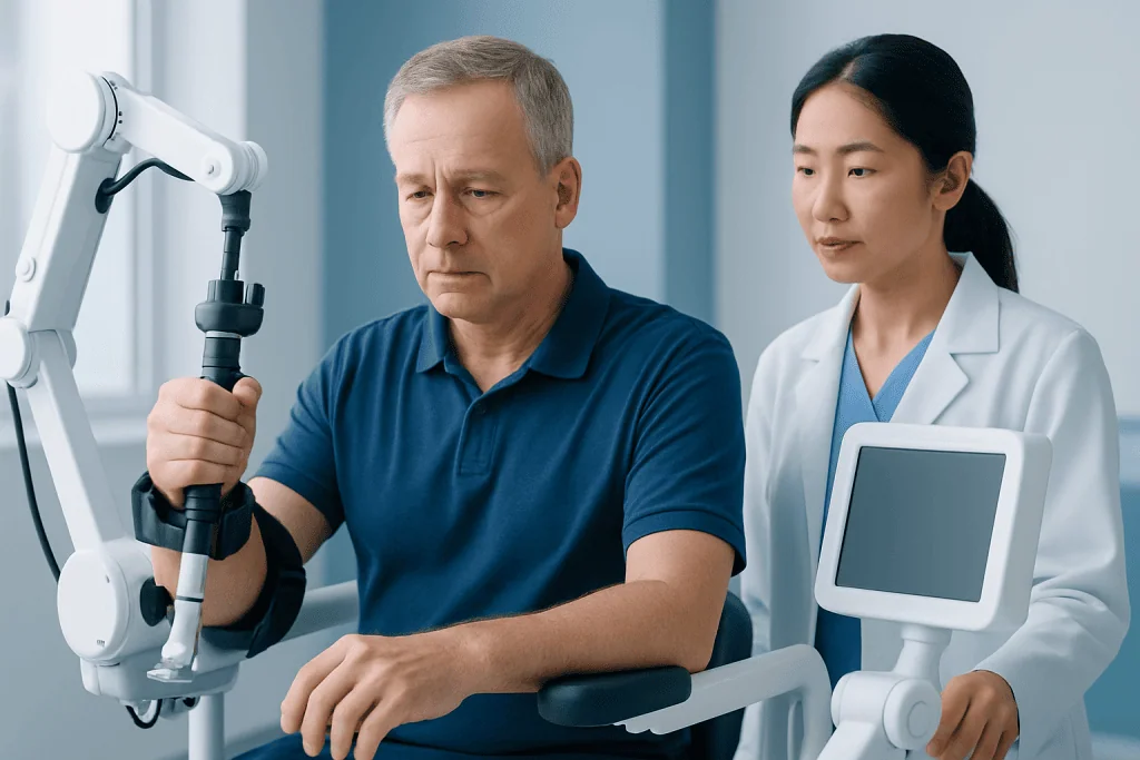 Patient undergoing neurological examination with robotic arm at Acibadem Hospital.