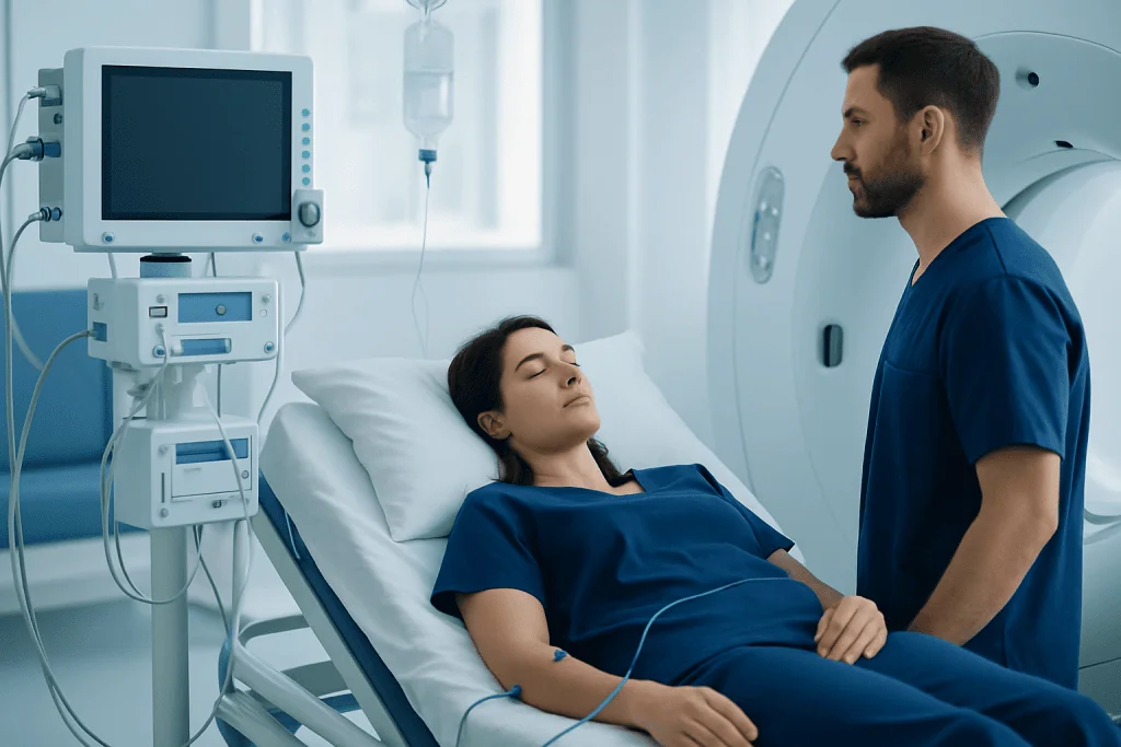 Patient in hospital bed with medical staff and MRI machine in background.