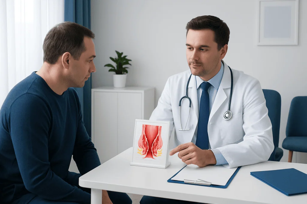 Doctor explaining hemorrhoid treatment to patient with anatomical model.