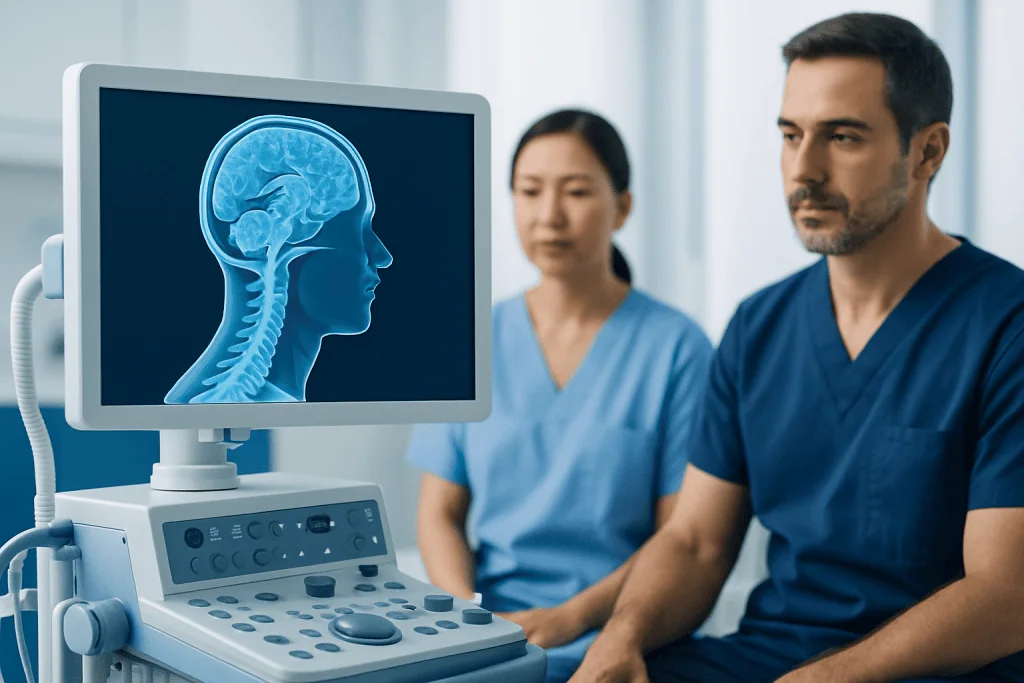 Medical professionals analyzing brain scan images in a hospital setting.