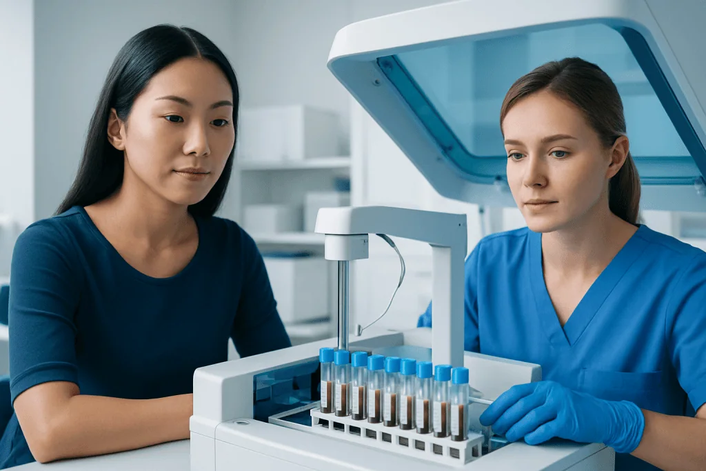 Laboratory technicians analyzing blood samples for hepatitis B testing.
