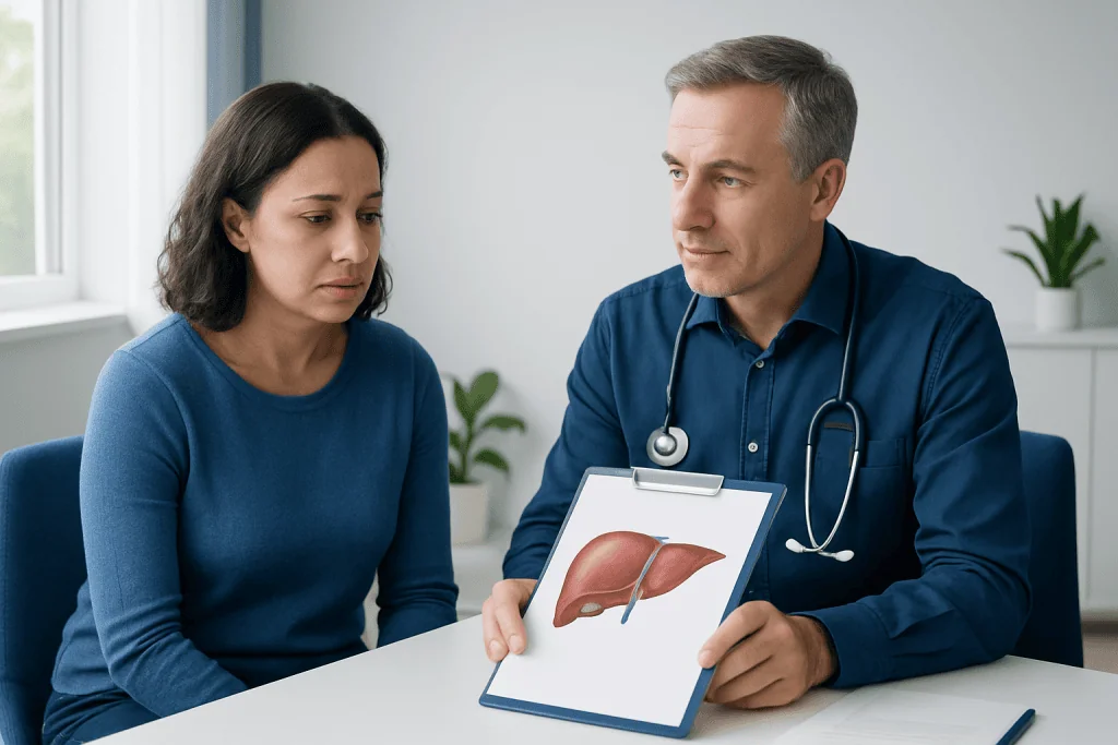Doctor explaining liver health to a patient with liver diagram.