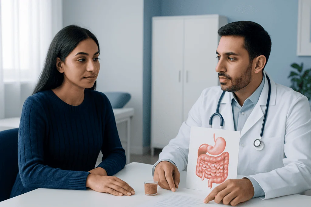 Doctor explaining digestive health to a patient with stomach diagram.