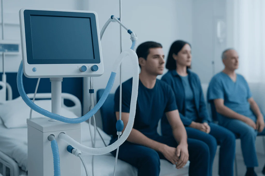Patients waiting in a hospital room with medical equipment nearby.
