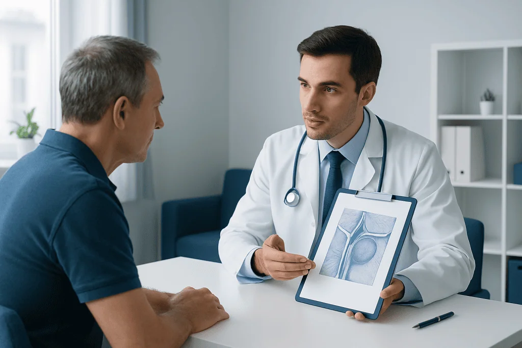 Doctor explaining hernia treatment options to patient with X-ray image.