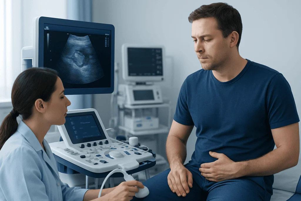 Doctor performing an ultrasound examination on a male patient.