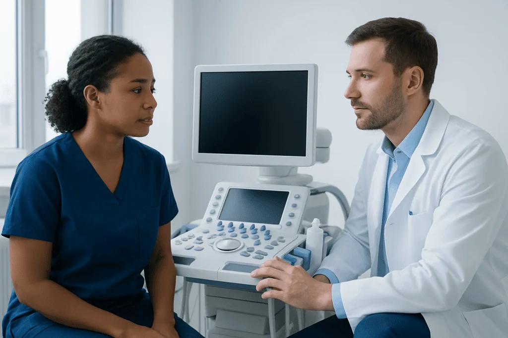 Doctor consulting with a patient in a medical office with ultrasound equipment.
