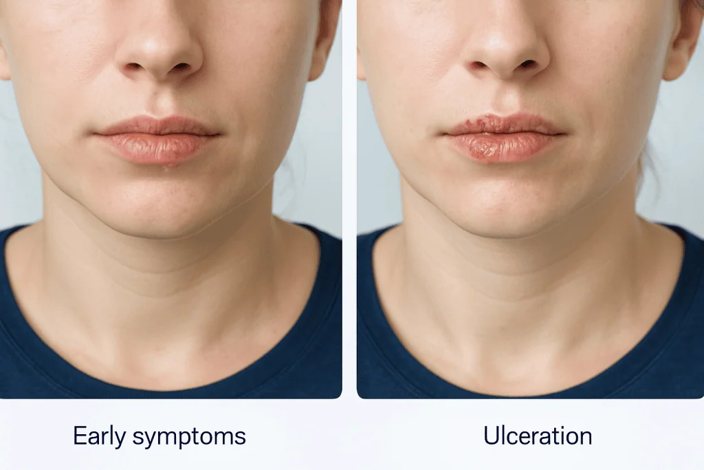 Comparison of early herpes symptoms and ulceration on lips.