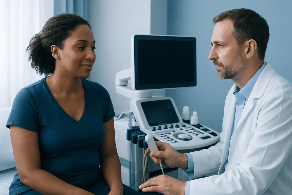 Doctor consulting with a patient in a medical examination room.