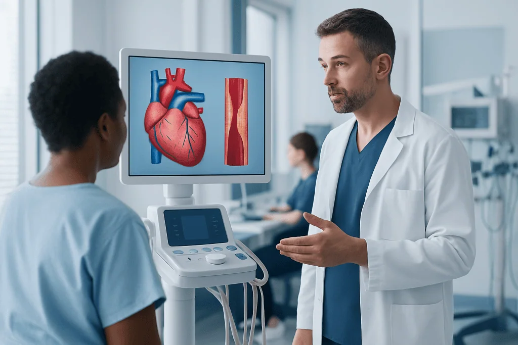 Doctor explaining heart health to patient in hospital setting.