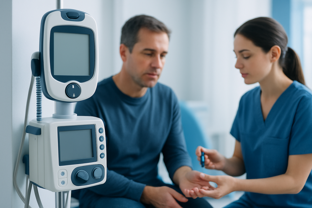 Doctor checking blood sugar levels with a glucometer in a clinical setting.
