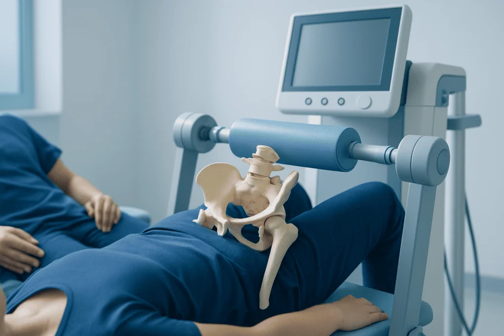 Medical imaging device with pelvic bone model on patient during exam.