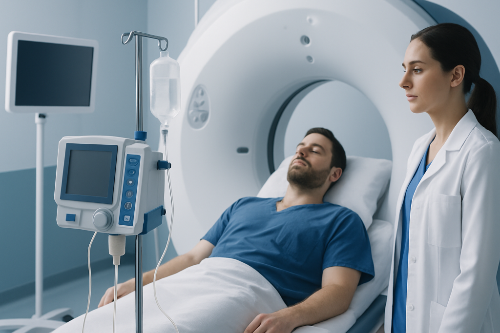 Patient undergoing MRI scan in a hospital setting with medical staff present.