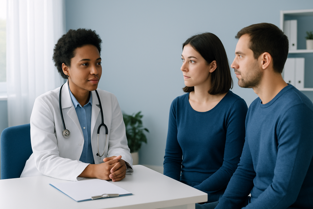 Doctor consulting with a patient and companion in a medical office.
