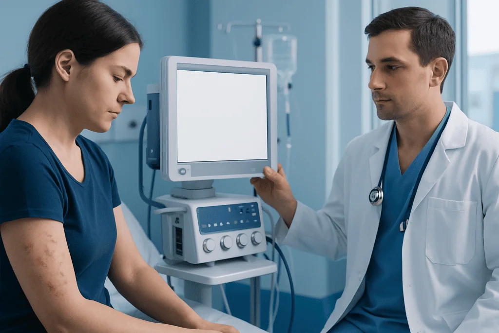 Doctor examining patient's skin with medical equipment in hospital.