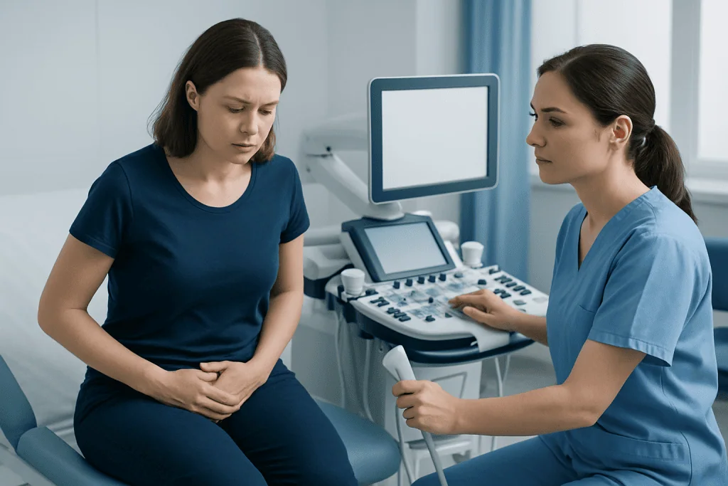 Woman undergoing ultrasound examination in a medical clinic.