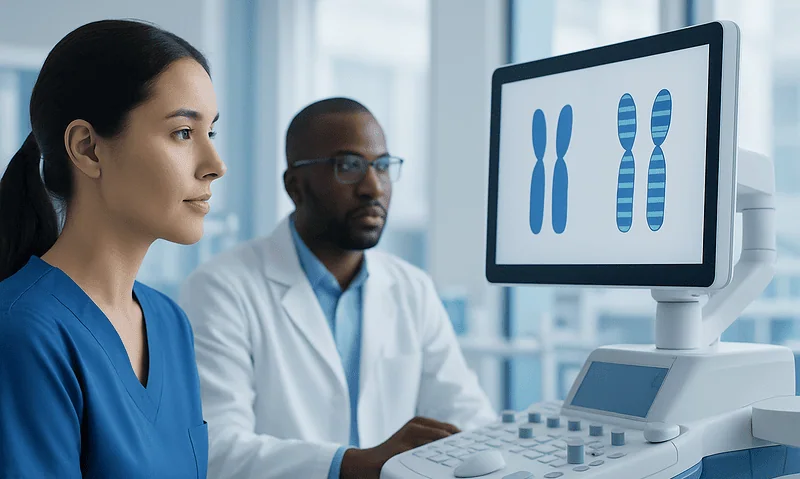 Medical professionals analyzing genetic data on a computer screen.