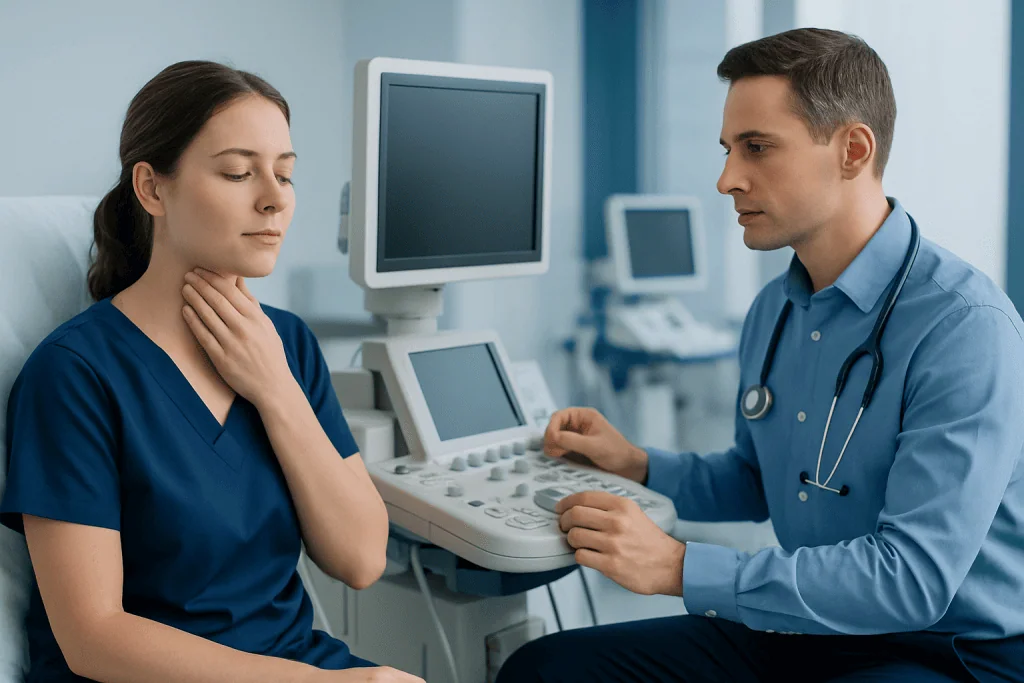 Doctor examines patient with sore throat in hospital setting.